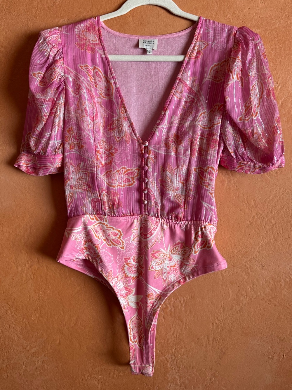 Hemant & Nandita Pink Floral Metallic Stripe Puff Sleeve Bodysuit Medium
